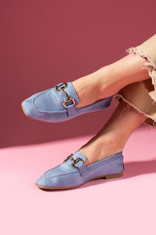 Arven Baby Blue Suede Loafer Ballet Flats with Gold Buckle