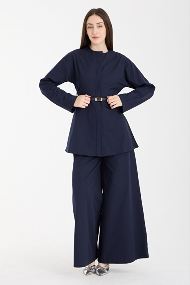 Navy Blue Premium Belted Blouse and Pants Set