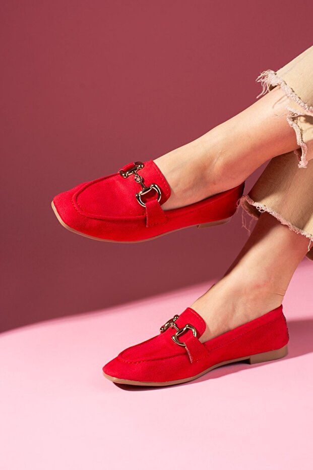 Arven Red Suede Loafer Ballet Flats with Gold Buckle