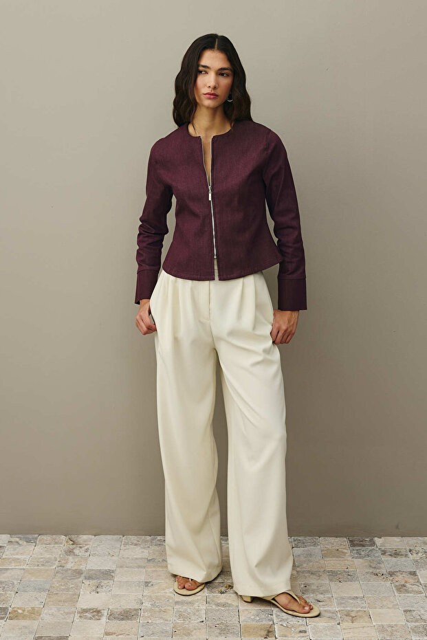 Fermuarlı Denim Üst Bordo - 5