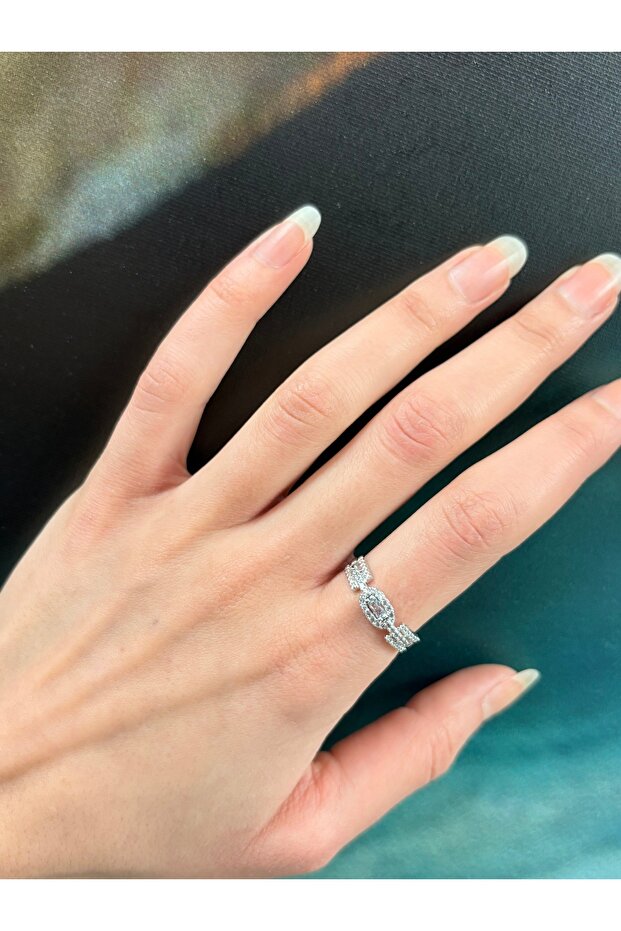 Rectangular Row Stone Detail Adjustable Ring - 2