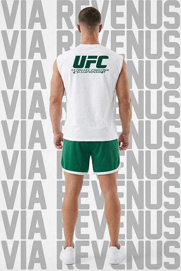 Ufc Ultimate Printed Black Sleeveless T-Shirt and Piped Jersey Fabric Sports Shorts Combination Set