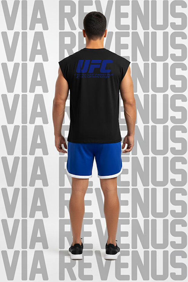 Ufc Ultimate Printed Black Sleeveless T-Shirt and Piped Jersey Fabric Sports Shorts Combination Set