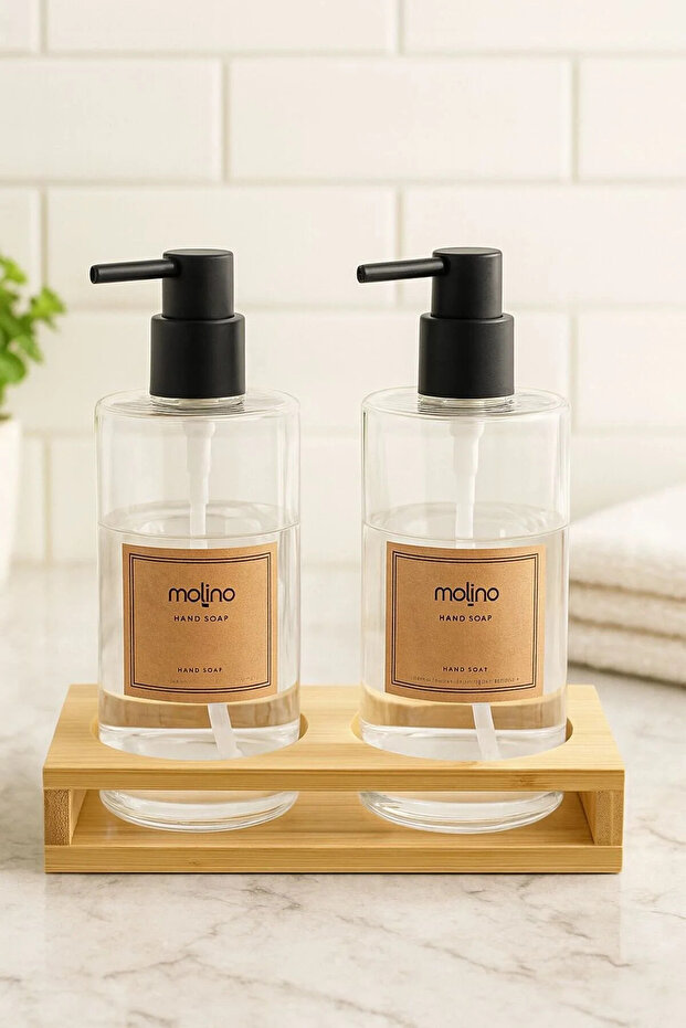 2-Piece Glass Liquid Soap Dispenser with Bamboo Stand, Detergent Dispenser