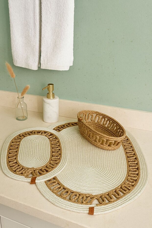 Wicker Jute Wicker Large Size 4-Piece Bathroom Set, Bathroom Mat Set, Bathroom Basket, Mat, Basket Set