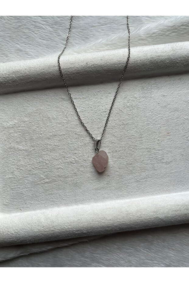 Raw Pink Quartz Stone Steel Necklace Handmade 316L