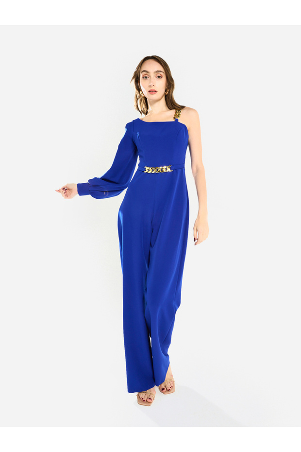 Women One Shoulder Chain Accent Jumpsuit