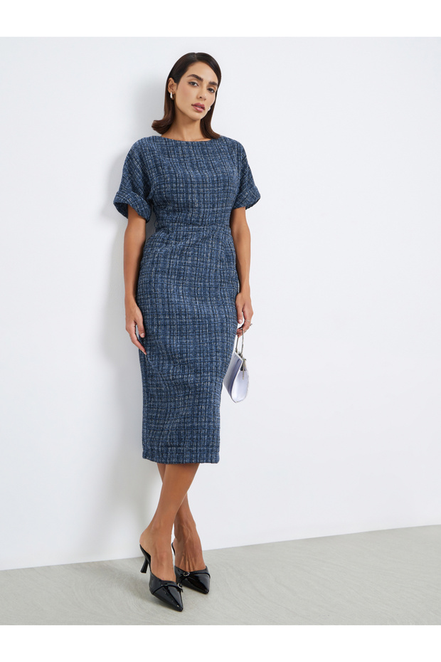 Women Belted Tweed Sheath Midi Dress