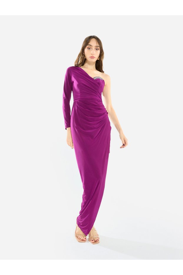 Women Crystal Accent Ruched Gown Maxi Dress