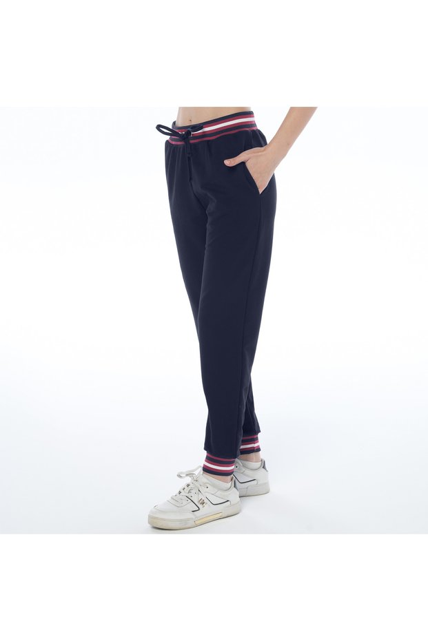Women's Ribbed Waist Eyelet Detail Navy Blue Sweatpants (Available in Plus Size)