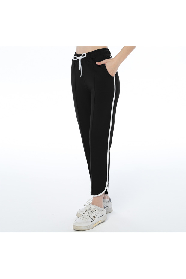 Women's Black Color Slit Long Pants with Front Hem Stitching Piped (with Plus Size Option)