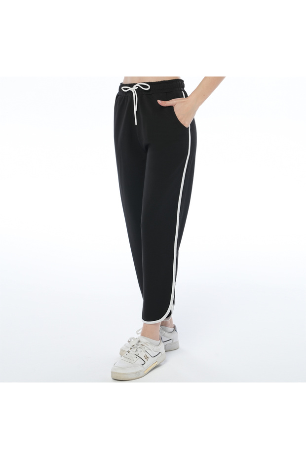 Women's Black Color Slit Long Piped Pants (with Plus Size Option)