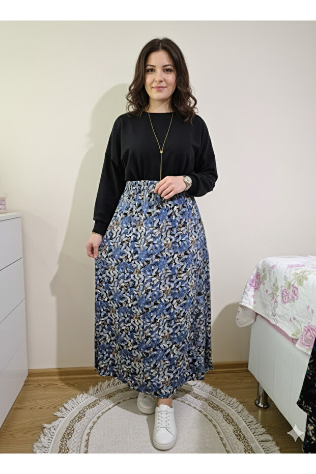 Elastic Waist Patterned Winter Medium Thickness Combed Cotton Fabric Maxi Length Mother Skirt, Prayer Skirt Size 38-50