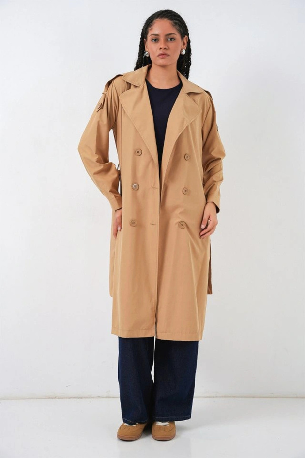 بأزرار على الجهتين معطف طويل بياقة 5978 - أسمر ضارب للصفرة - 2