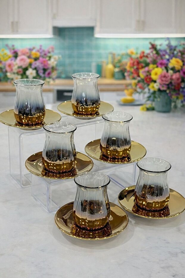 Luxury 6-Piece Gold Glass Tea Set – Elegant Cup and Saucer Set – Dishwasher-Safe Tea Set