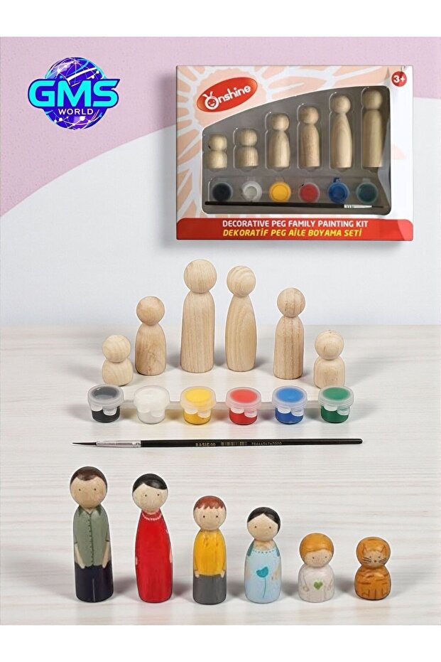 Decorative Peg Family Painting Set (6 Figures + 6 Acrylic Paints + Brush)