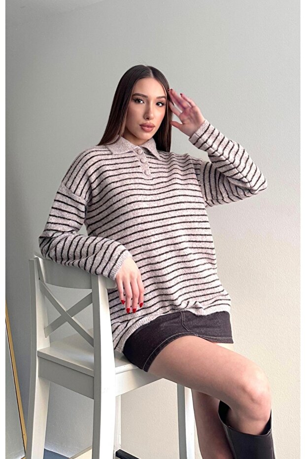 Soft Textured Striped Polo Neck Elite Knitwear Sweater
