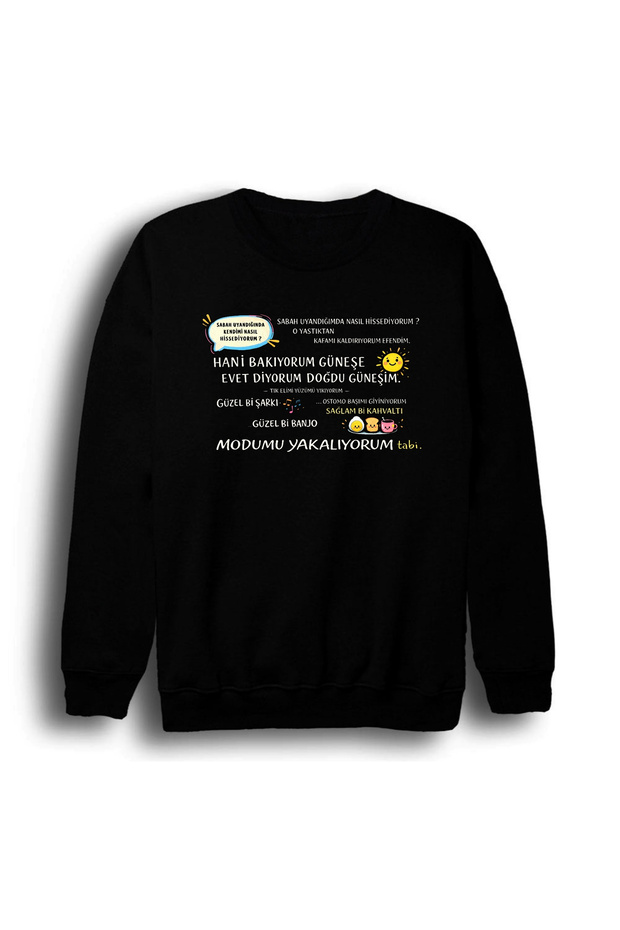 Doğdu Güneşim Printed Unisex 100% Cotton Crew Neck Black Sweatshirt