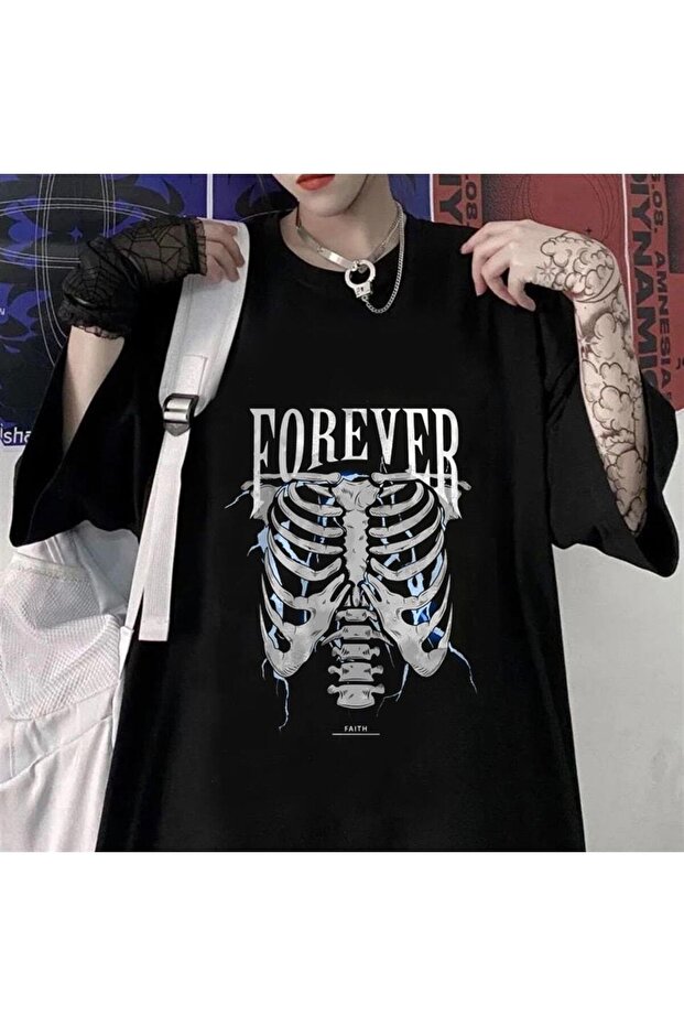 Tefmoda Forever Rib Printed Black Unisex Oversize T-shirt