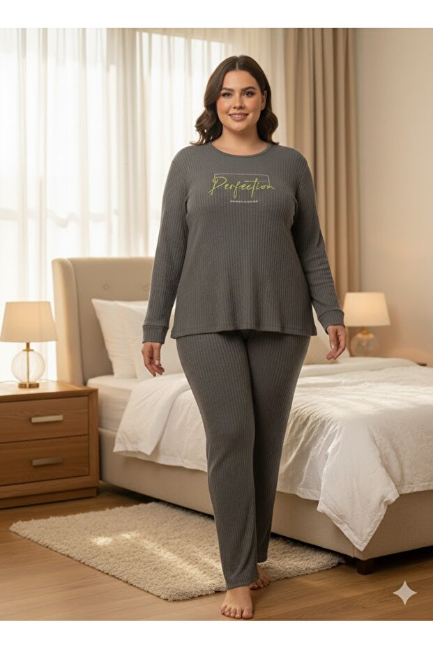 Women's Gray Transitional Ribbed Knit Pajama Set