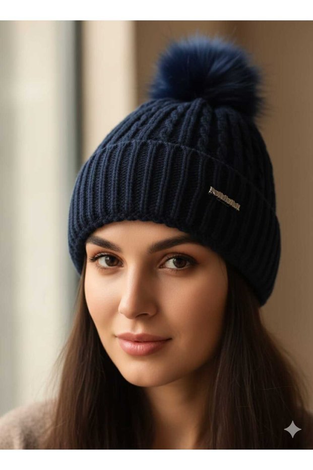 Women's Knitted Patterned Knitwear Beanie with Pompom Detail on the Back | Soft Textured, Winter Hat