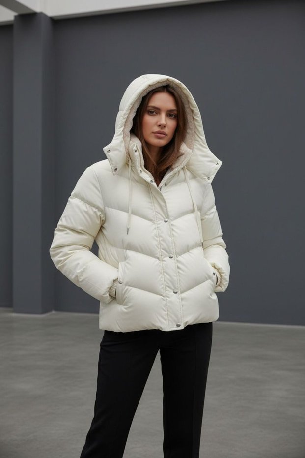 Inflatable Ecru Coat with Snap Fasteners and Zipper Closure K Hooded