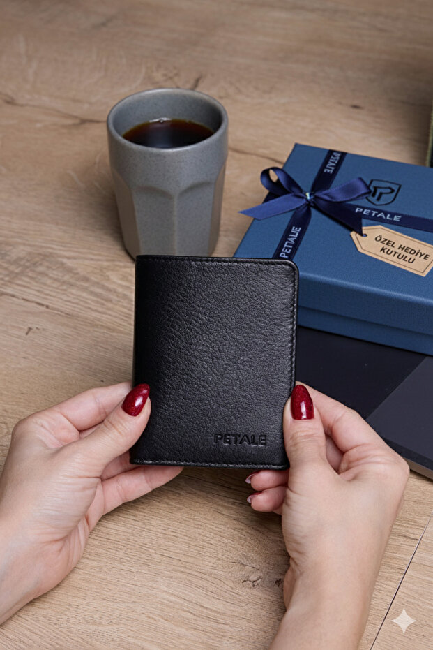 Petale Genuine Cowhide Leather Black Men's Wallet with Special Gift Box 14 Compartments Vertical Card Holder