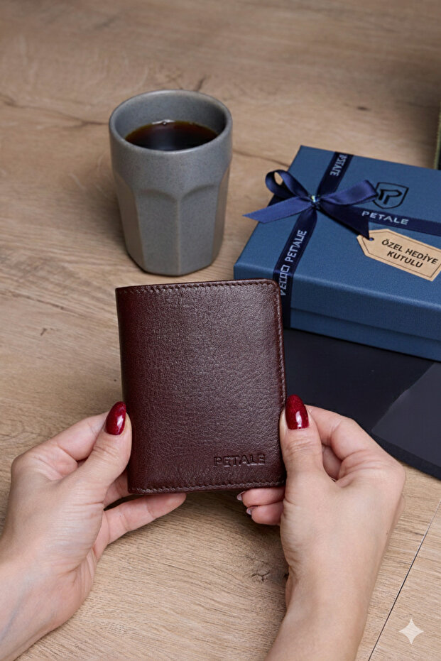 Petale Genuine Calf Leather Brown Men's Wallet with Special Gift Box 14 Compartments Vertical Card Holder