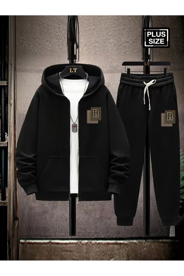 Men's Hooded Zippered Tracksuit Set – Set of 2, Digital Print, with Pants