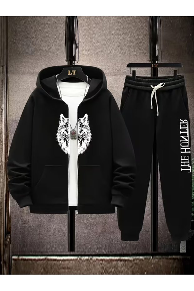 Men's Hooded Zippered Tracksuit Set – Set of 2, Digital Print, with Pants