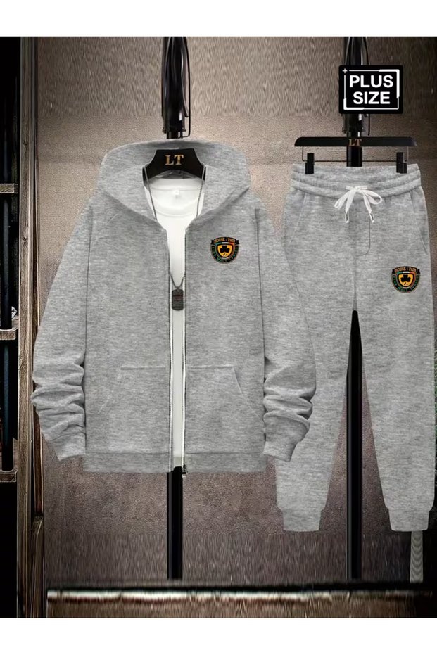 Men's Hooded Zippered Tracksuit Set – Set of 2, Digital Print, with Pants