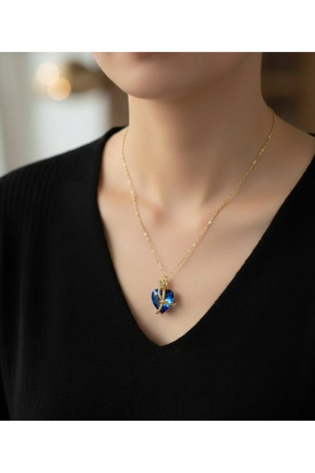 Shiny Blue Heart Motif Steel Necklace with Gold Color Chain