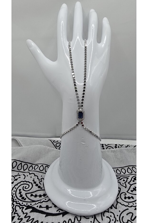 Stainless Steel Silver Crushed Chain Baguette Model Blue Zircon Stone Şahmeran