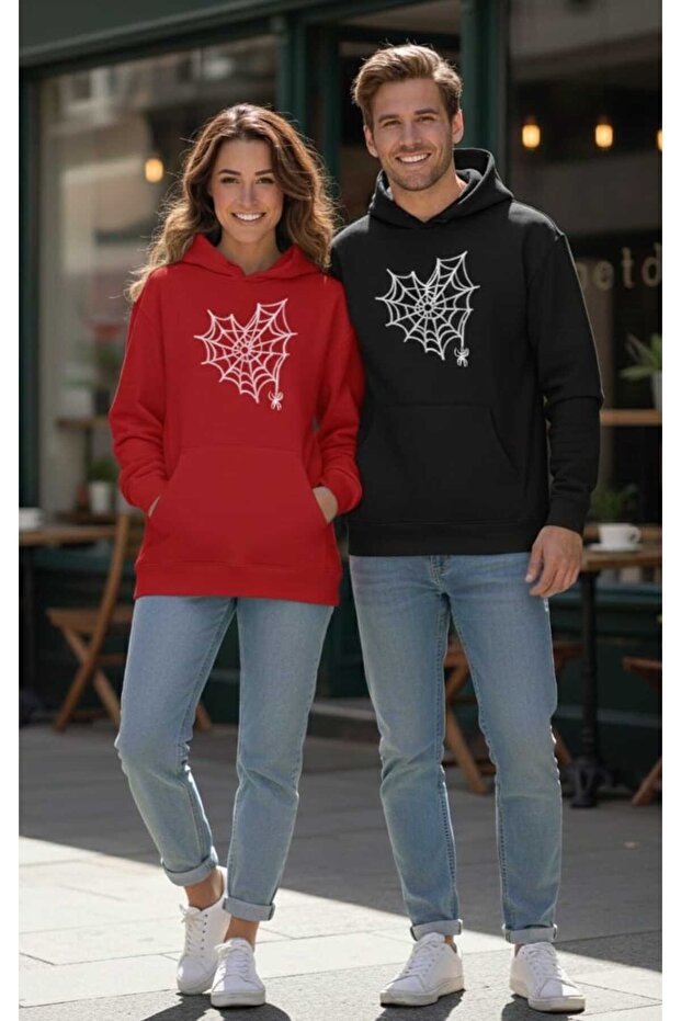 سويت شيرت للجنسين قصة فضفاضة Sevgili Couple Combination هدية عيد الحب شبكة العنكبوت مطبوع