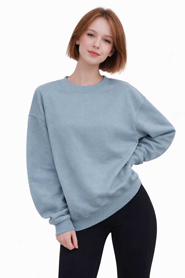 Oversize Basic Sweatshirt 3 İp Şardonsuz - 1