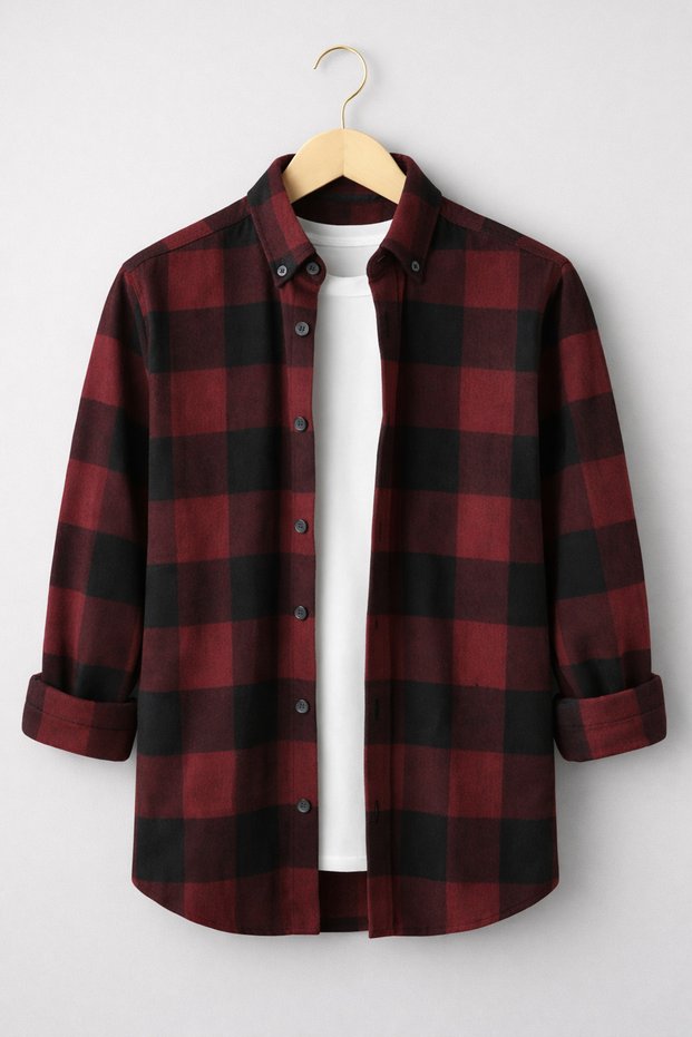 Men's Burgundy Black Checkered Lumberjack Shirt – Comfortable Fit New Season Winter Fashion Trend
