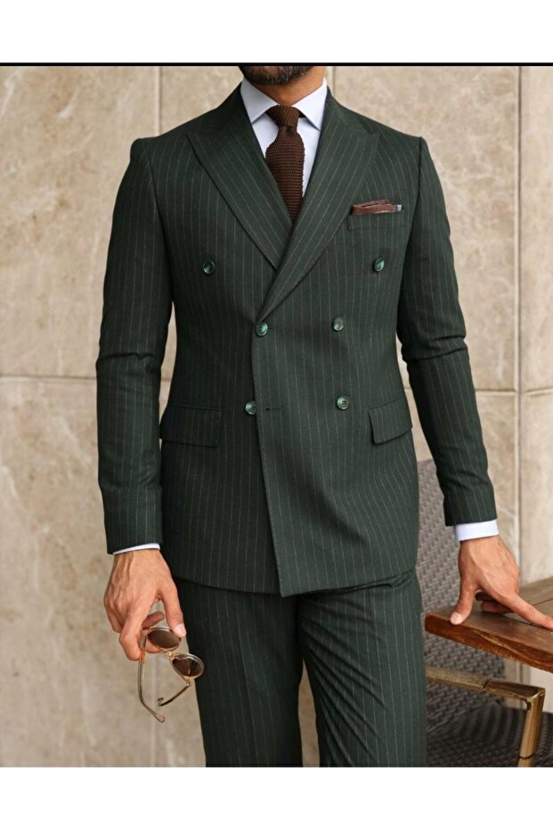 Kirlangiç Yakka, Double-Breasted , Slim Fit, Striped, Men's Suit, Green
