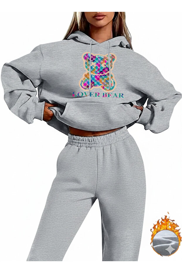 Design Lover Bear Alt Üst Oversized Women's Hooded Gray Black Tracksuit Set