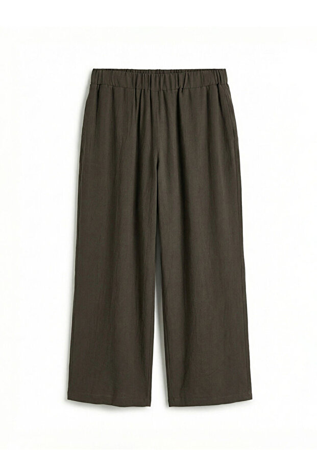 Khaki Elastic Waist Textured Wide Leg Women's Trousers