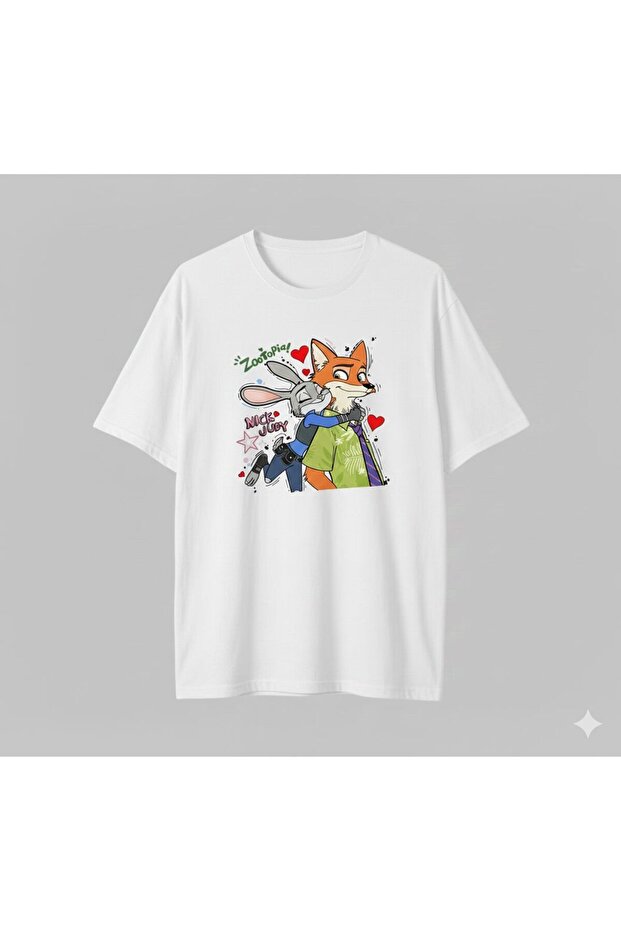 Zootopia Nick and Judy Character Printed Unisex Oversized T-Shirt