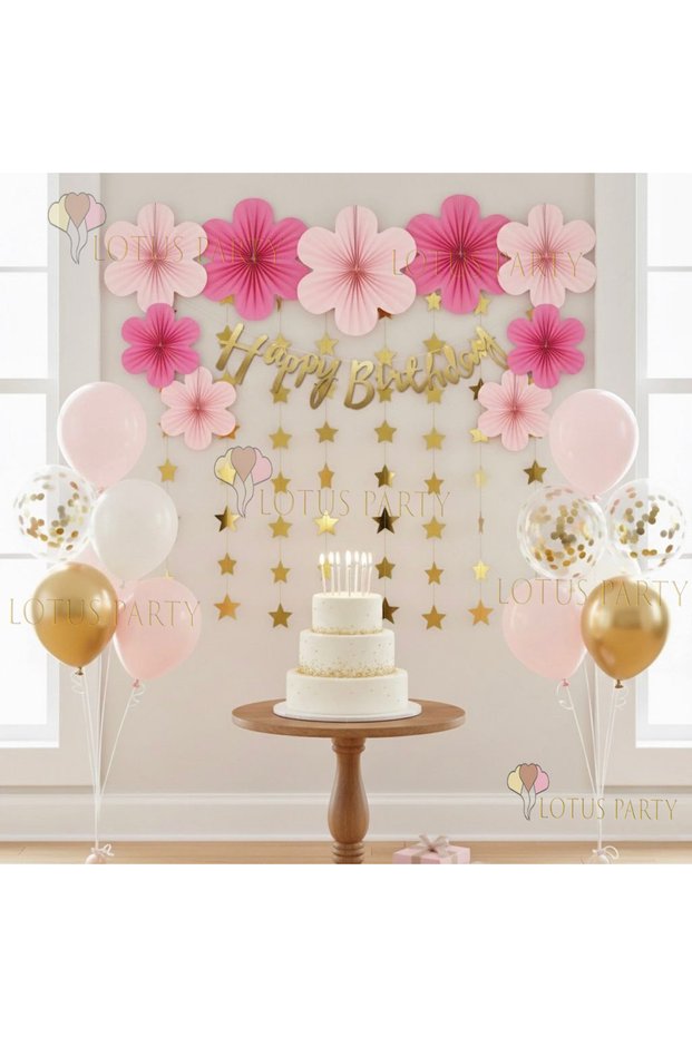 Flower Shaped Pink Fan Birthday Party Set - Fan - Gold Happy Writing - Gold Star - Balloon