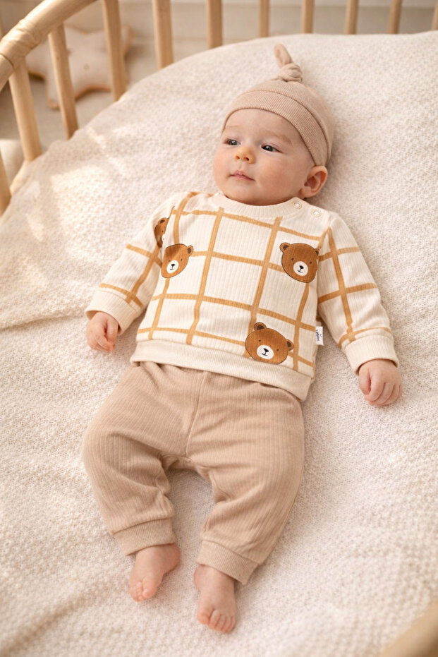 3-Piece Baby Set Bear Patterned Ecru Sweatshirt + Khaki Pants + Knotted Hat Unisex 100% Cotton