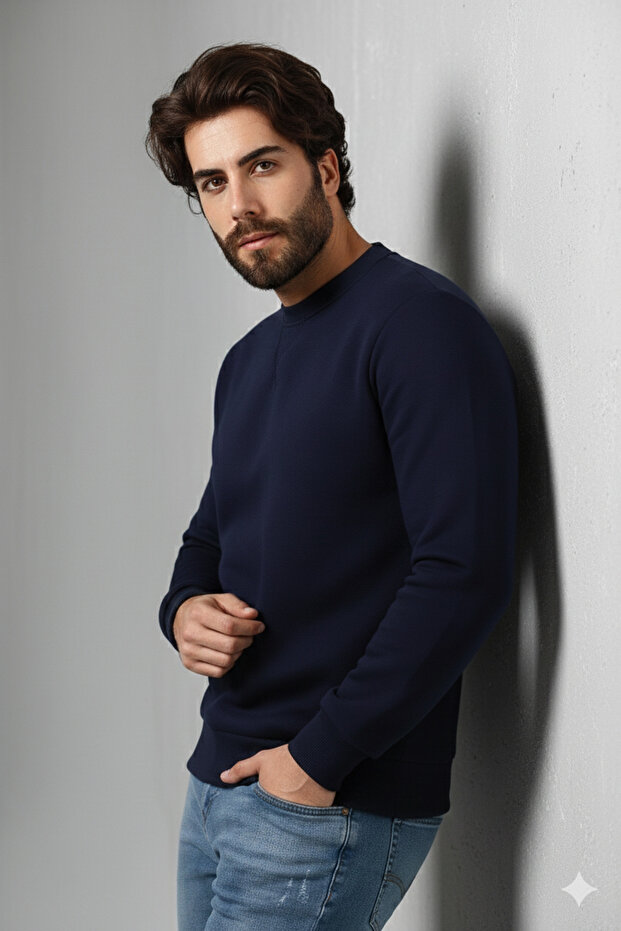 , Navy Blue, Three Thread Men's Basic Sweatshirt - 3
