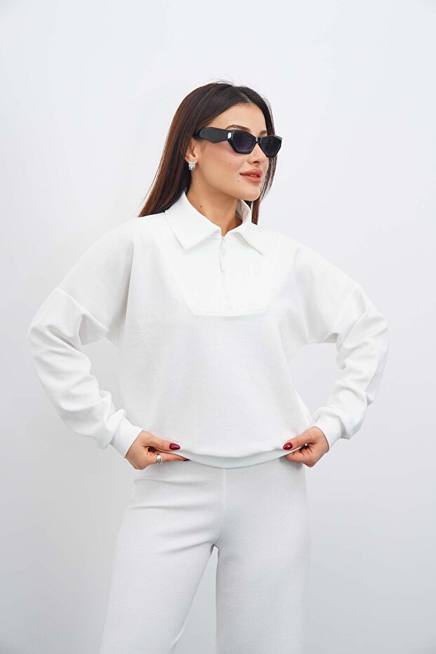 Women's White 3-Piece Tracksuit Set Zippered Sweatshirt Shorts Pants