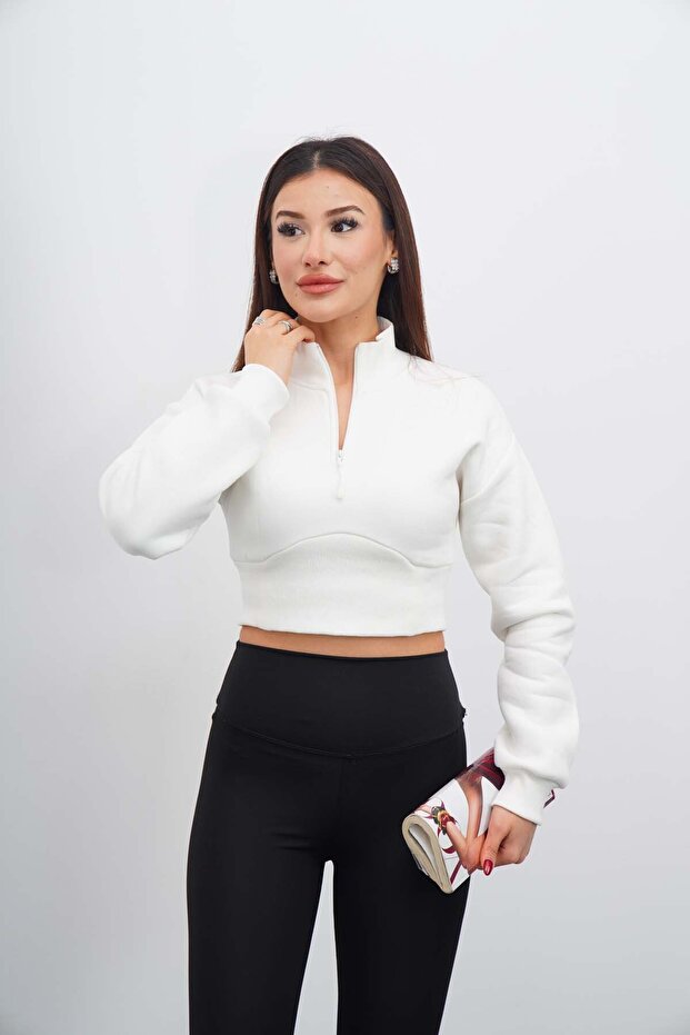 Women's White Zippered Crop Sweatshirt