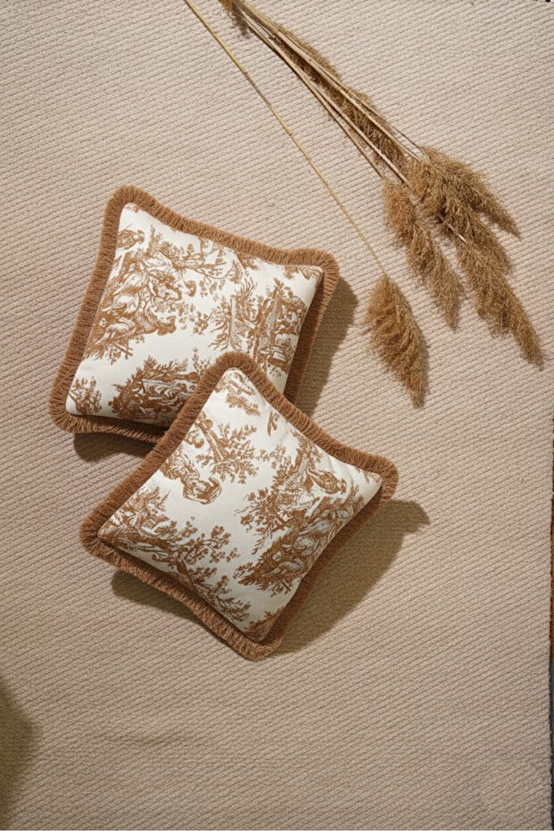 Brown Tasseled English Villagers Patterned Decorative 43X43Cm Square 2 Piece Throw Pillow Cover