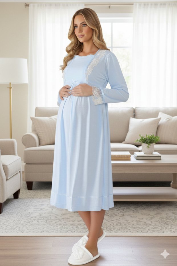 New Season Women's Blue Lace Buttoned Special Design 100% Cotton Maternity Nightgown