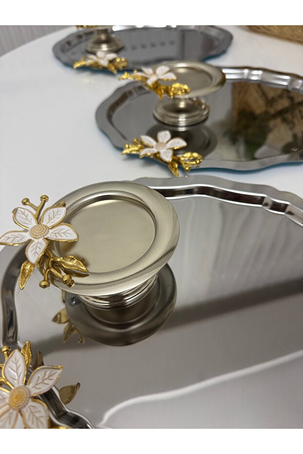 Two Models 6 Pieces Steel Oval Trays with Lily Decoration and Silver Lily Decorated Turkish Delight Containers