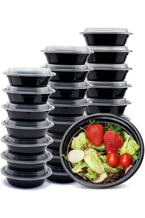 150 Pack Compartment Round Black Base with Lids Food Storage Container