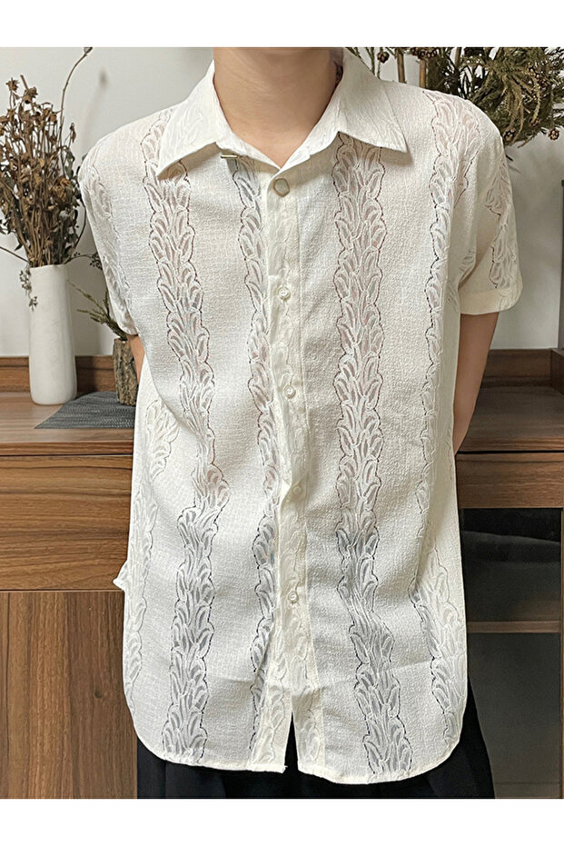 Men Lace Insert Textured Shirt
